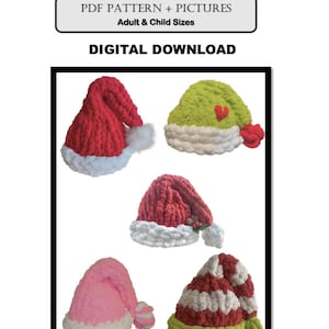 May include: Digital download of a PDF pattern and pictures for Santa hats, available in adult and child sizes. The image showcases five crocheted Santa hats in red, green, pink, and a striped pattern. Each hat features a white, fluffy trim around the base.