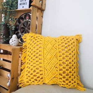 Macrame Pillow Cover,Pillow cushion,Boho style,Housewarming gift,Boho decor,Mustard geometric details hand knotted cotton pillow cover