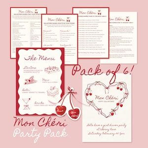 Pacote de festa de Dia das Galentine com tema de cereja Mon Chérie - Convites | Menu | Cartões de lugar | Jogos divertidos para imprimir - Decoração para festa GirlsNight Out