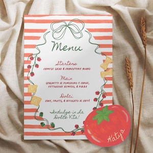 Italienisches Menü, Tomate Tischkarte | Bearbeitbare Canva Vorlage | Druckbare Hochzeit & Dinner-Party Dekoration | Sofortdownload | Handgezeichnete Tomate