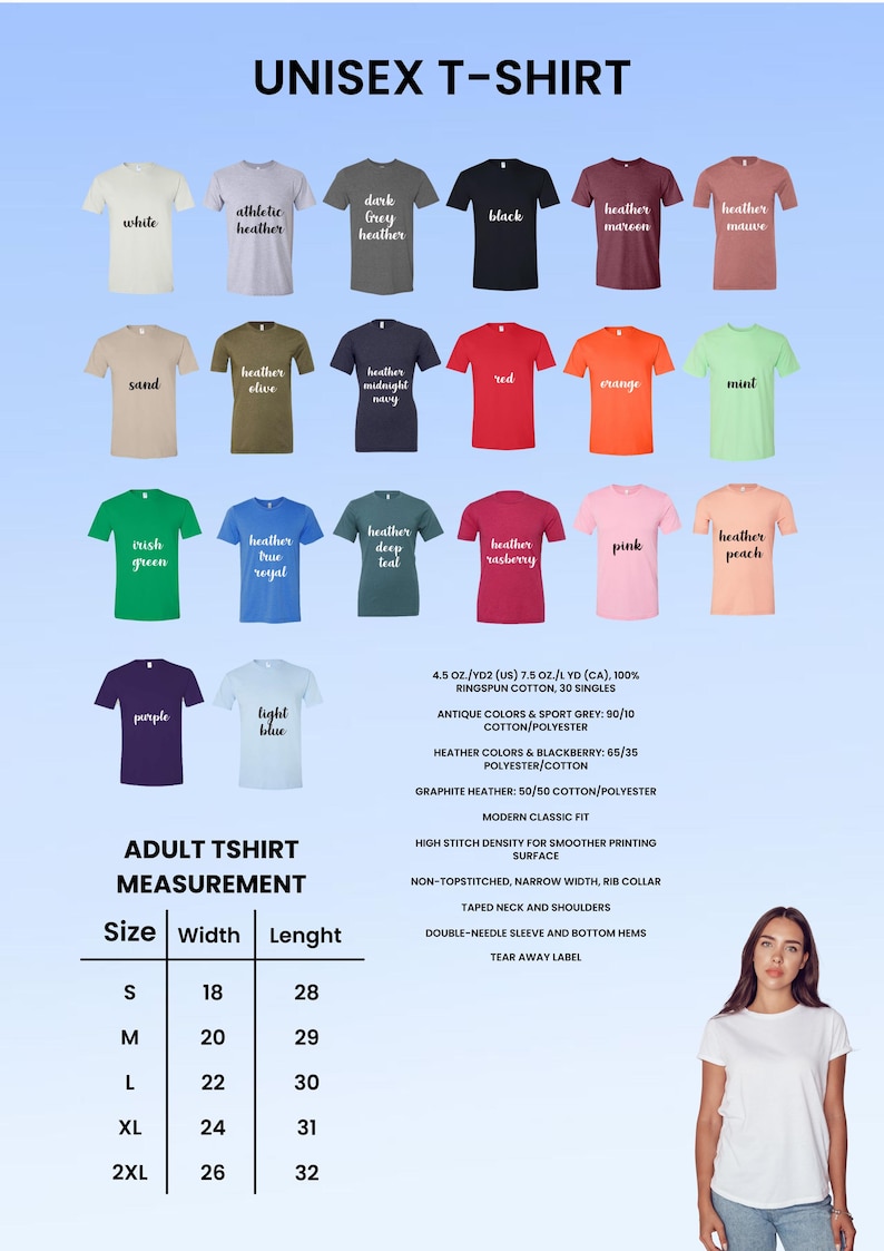 May include: A product display featuring a variety of unisex t-shirts in various colors, including white, black, and heather gray. The image also includes a size chart with measurements in inches and details about the fabric and construction.