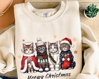Meowy Christmas Shirt, Cat Christmas Sweatshirt, Cat Lover Xmas T-Shirt, Christmas Cat Mom Sweater, Catmas Gift For New Year, Xmas Crewneck