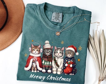 Comfort Colors®Meowy Christmas Shirt, Christmas Cat Tshirt, Vintage Cat with Santa Hat Shirt, Cute Retro Cat Lover Christmas Graphic Tee