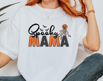 Comfort Colors Spooky Mama T-Shirt: Retro Skeleton Halloween Mom Shirt