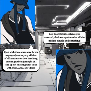 K&ouml;nnte beinhalten: Eine Comic-Illustration von zwei sprechenden Figuren. Die Figur links tr&auml;gt einen blauen Hut und eine schwarze Jacke. Die Figur rechts tr&auml;gt einen blauen Hut und eine schwarze Weste. Der Text in den Sprechblasen lautet: "Ich w&uuml;nschte, es g&auml;be einen Weg, meine Schurken richtig zu vermitteln. Es ist, als ob ich sie, egal wie sehr ich mich bem&uuml;he, nie richtig hinbekomme oder ich wei&szlig; am Ende nicht, was ich mit ihnen machen soll. Anna, hast du Ideen?" und "Ja! EsotericFables hat dich abgedeckt, ihr umfassendes Schurkenpaket ist einfach und bereichernd!"