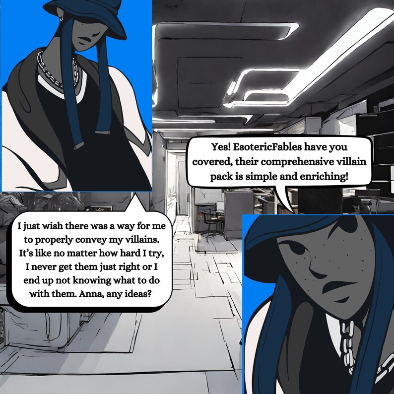 K&ouml;nnte beinhalten: Eine Comic-Illustration von zwei sprechenden Figuren. Die Figur links tr&auml;gt einen blauen Hut und eine schwarze Jacke. Die Figur rechts tr&auml;gt einen blauen Hut und eine schwarze Weste. Der Text in den Sprechblasen lautet: "Ich w&uuml;nschte, es g&auml;be einen Weg, meine Schurken richtig zu vermitteln. Es ist, als ob ich sie, egal wie sehr ich mich bem&uuml;he, nie richtig hinbekomme oder ich wei&szlig; am Ende nicht, was ich mit ihnen machen soll. Anna, hast du Ideen?" und "Ja! EsotericFables hat dich abgedeckt, ihr umfassendes Schurkenpaket ist einfach und bereichernd!"
