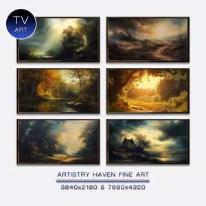 May include: Six framed landscape paintings with gold frames. The paintings depict scenes of nature, including forests, rivers, and sunsets. The text "TV ART" is in a blue circle. The text "ARTISTRY HAVEN FINE ART" and resolution details are at the bottom.