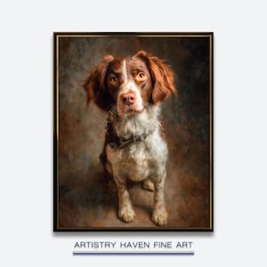 Peut inclure: Portrait encadré d'un chien avec une fourrure marron et blanche, sur un fond chaud et texturé. Le chien regarde directement le spectateur. Le texte "ARTISTRY HAVEN FINE ART" est au bas du cadre.