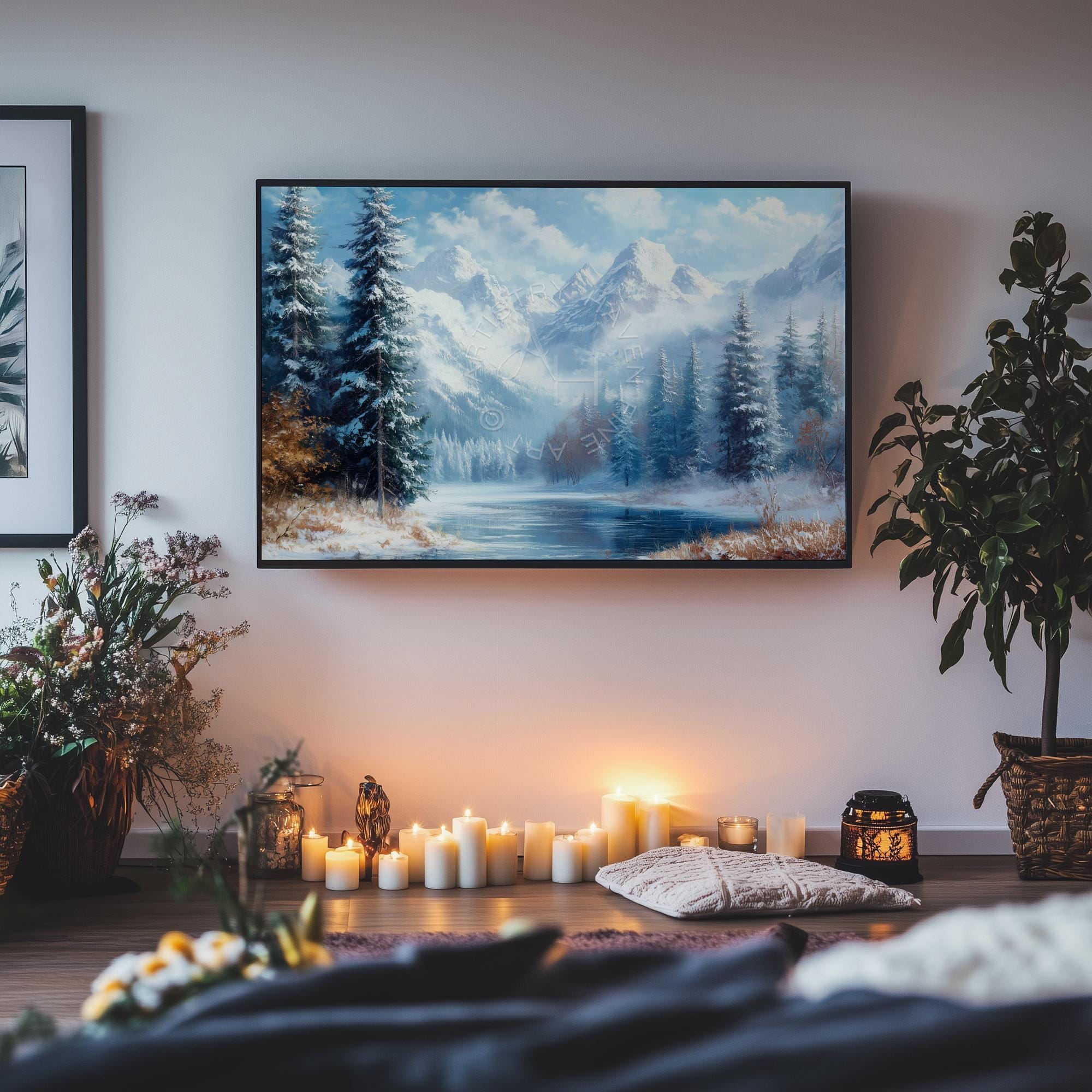 Winter Mountain Landscape Print: Snowy Alpine Lake Scene (digital