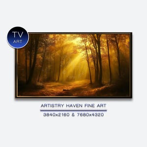 Puede incluir: Pintura enmarcada de un paisaje forestal bañado por la luz dorada del sol. La obra presenta árboles altos y un camino que conduce a la luz. El texto "TV ART" está en un círculo. El texto "ARTISTRY HAVEN FINE ART" está en la parte inferior.