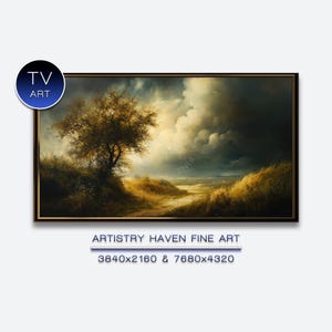 Puede incluir: Pintura de paisaje enmarcada que presenta un árbol solitario en una colina cubierta de hierba, bajo un cielo dramático. La obra de arte tiene una paleta de colores cálidos con tonos dorados y nubes oscuras. El texto "TV ART" está en un círculo en la esquina superior izquierda. El texto "ARTISTRY HAVEN FINE ART" está en la parte inferior.