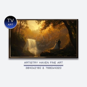 Puede incluir: Pintura de paisaje enmarcada con una cascada y una pareja en un acantilado. La obra de arte tiene una paleta de colores cálidos con tonos dorados y marrones. El texto "TV ART" está en un círculo en la esquina superior izquierda.