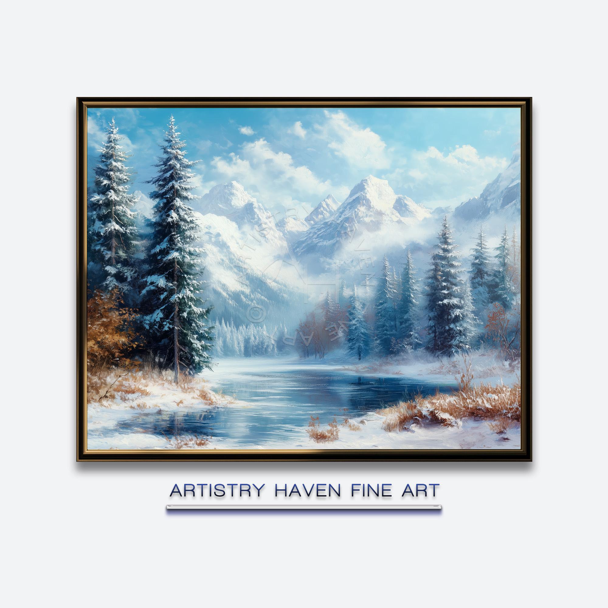 Winter Mountain Landscape Print: Snowy Alpine Lake Scene (digital