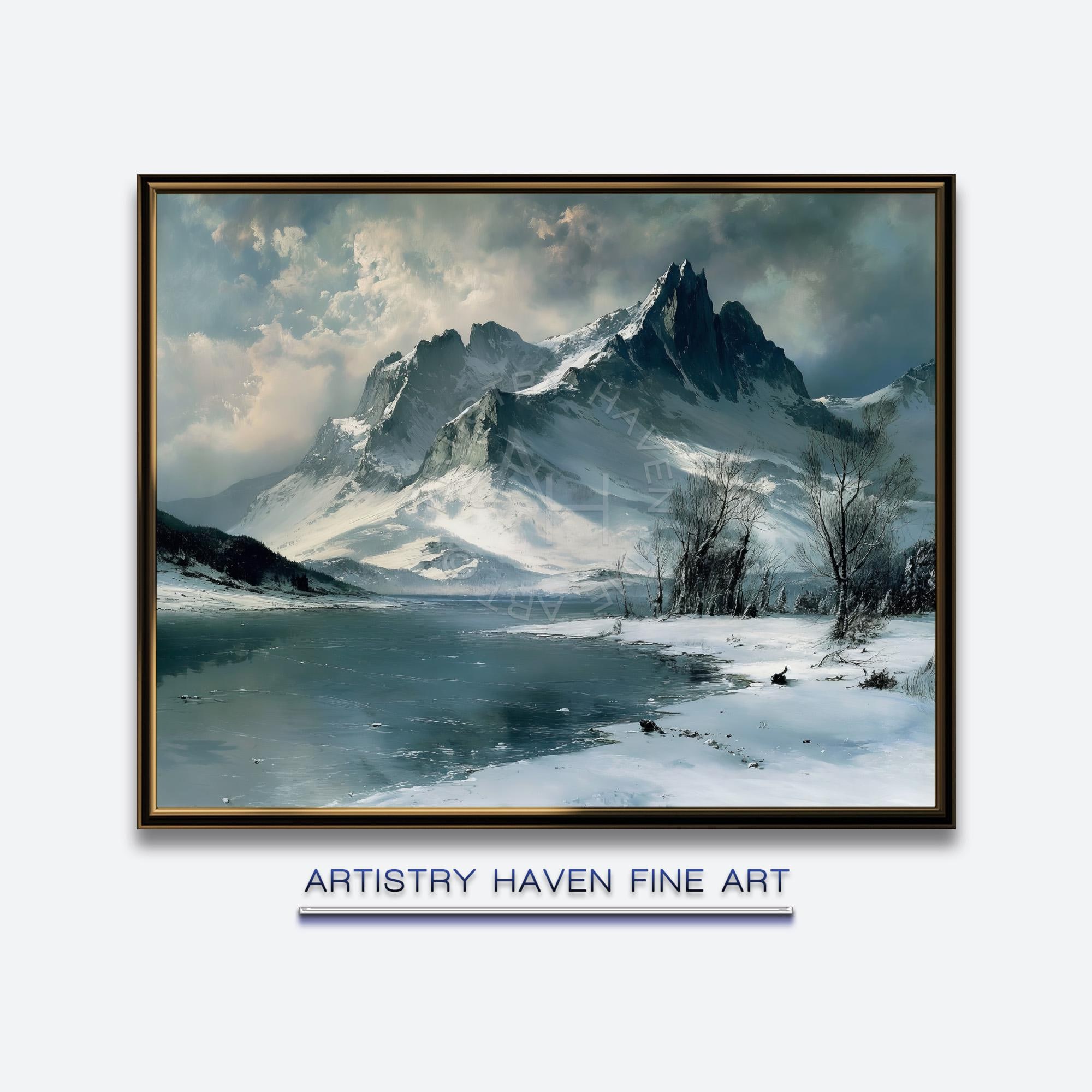 Winter Mountain Lake Print: Snowy Alpine Landscape Art (digital