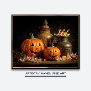 May include: A still life painting featuring two carved orange pumpkins with smiling faces, alongside vintage metal containers filled with wrapped candies. The scene is set against a dark background, evoking a Halloween theme.