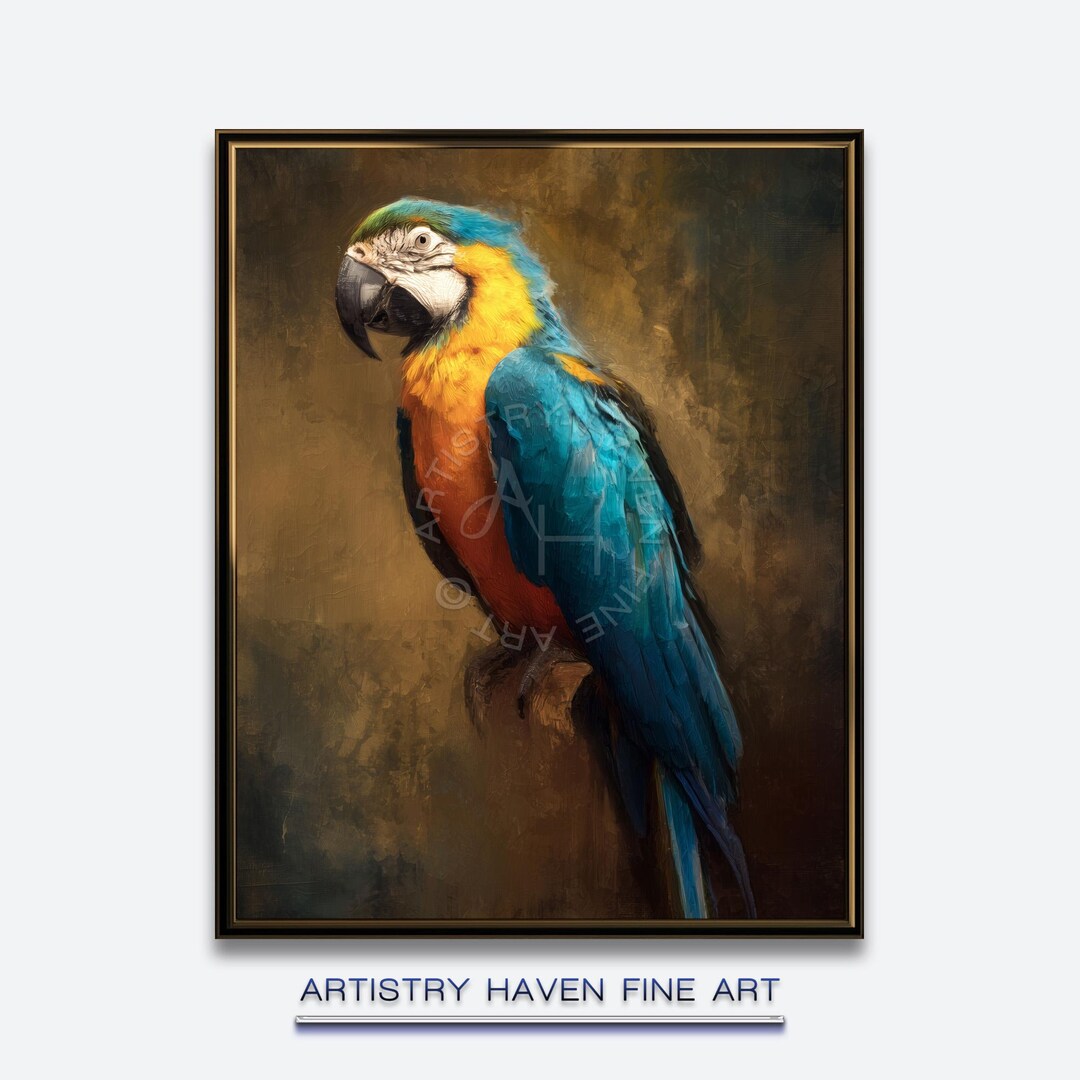Blue and Gold Macaw Art Print, Tropical Parrot Portrait (digital ...