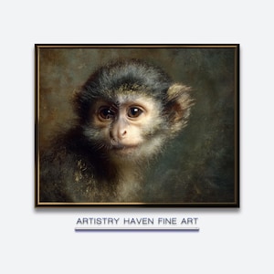 May include: A framed fine art print featuring a detailed portrait of a monkey. The monkey has dark fur with lighter fur around its face and large, expressive eyes. The artwork is set against a muted, dark background. The text "ARTISTRY HAVEN FINE ART" is below the image.