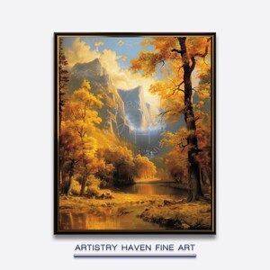 Könnte beinhalten: Ein gerahmtes Landschaftsgemälde, das eine ruhige Herbstszene darstellt. Das Kunstwerk zeigt einen Fluss, Berge und Bäume mit goldenem Laub. Der Himmel ist eine Mischung aus Blau und Gelb, mit dem Text "ARTISTRY HAVEN FINE ART" unten.