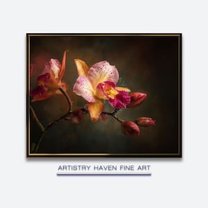 May include: A framed fine art print featuring a close-up of an orchid. The orchid has yellow petals with pink spots and a deep magenta center. The print is set against a dark, moody background. The text "ARTISTRY HAVEN FINE ART" is at the bottom.