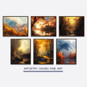 Golden Autumn Mountain Castle, Elegant Fall Forest Lake Art Print, Romantic Landscape Collection, Warm Sunset Bridge Wall Decor |AGM5