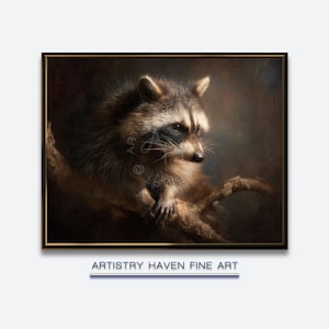 May include: A framed fine art print featuring a detailed portrait of a raccoon perched on a tree branch. The raccoon has a black mask and fluffy fur, with a warm, natural color palette. The text "ARTISTRY HAVEN FINE ART" is displayed below the image.