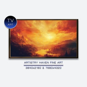 Puede incluir: Pintura de paisaje enmarcada con una puesta de sol ardiente sobre una cordillera y un lago. La obra de arte presenta colores cálidos como el naranja, el rojo y el amarillo, con un marco oscuro. El texto "TV ART" está en un logotipo circular.