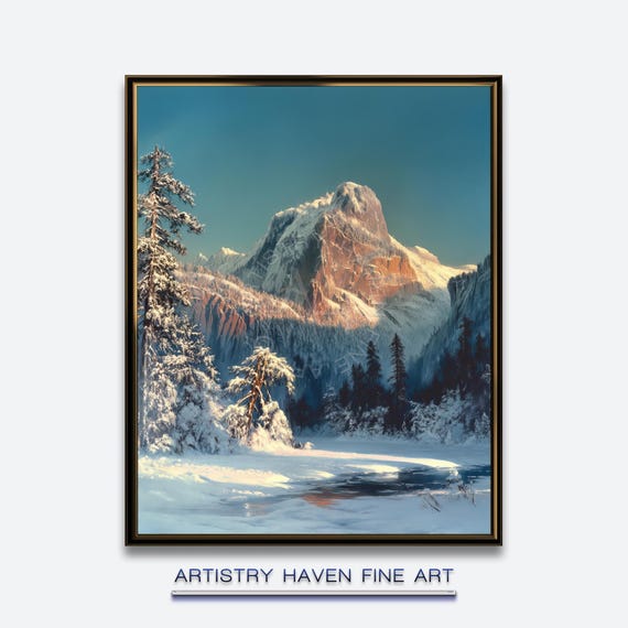絵画 Winter Mountain Sunlit Winter Mountain Print: Alpine Forest Landscape Art (digital