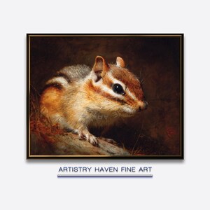 May include: A framed fine art print featuring a detailed portrait of a chipmunk. The chipmunk has brown and white fur, with a dark eye and a focused gaze. The artwork is set against a dark, textured background. The text "ARTISTRY HAVEN FINE ART" is below the image.