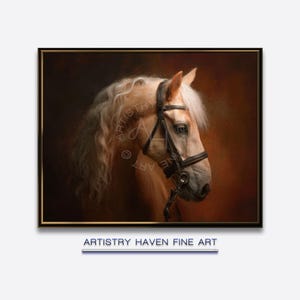 May include: A framed fine art print featuring a Palomino horse. The horse has a light tan coat and a flowing white mane and tail. It wears a black bridle. The background is a warm, dark brown. The text "ARTISTRY HAVEN FINE ART" is at the bottom.
