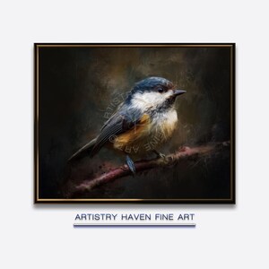 May include: A framed fine art print of a small bird perched on a branch. The bird has a blue-grey head, white cheeks, and a yellow-orange chest. The background is a dark, textured blend of browns and greens. The text "ARTISTRY HAVEN FINE ART" is at the bottom.