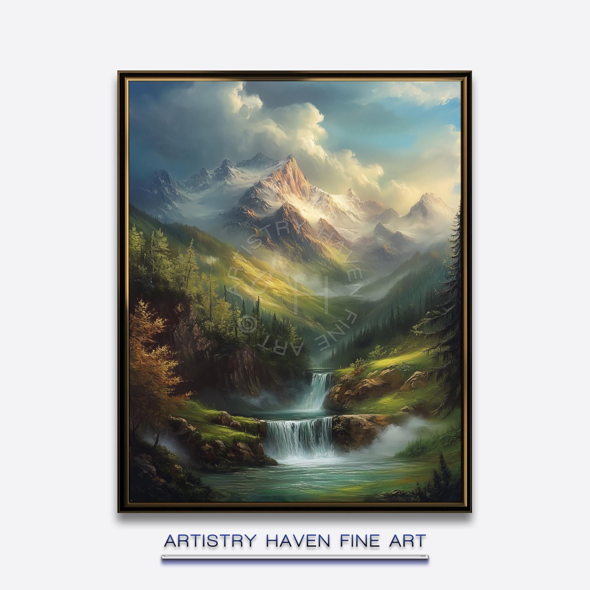 Alpine Waterfall Print: Mountain Valley Landscape Art (digital