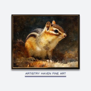 May include: A framed fine art print of a chipmunk. The chipmunk has brown, tan, and white fur with black stripes. The artwork is set against a dark background with the text "ARTISTRY HAVEN FINE ART" below the image.