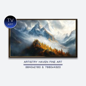 May include: A framed landscape painting of a mountain range with snow-capped peaks, shrouded in mist. The artwork features a color palette of blues, oranges, and greens. The text "TV ART" is in a circle in the upper left corner. The text "ARTISTRY HAVEN FINE ART" is at the bottom.