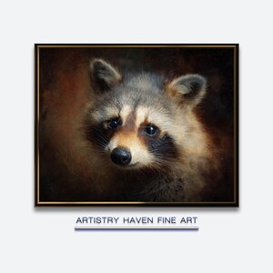 May include: A framed fine art print featuring a detailed portrait of a raccoon. The raccoon has a black mask, brown and gray fur, and a focused gaze. The artwork is set against a dark, blurred background, with the text "ARTISTRY HAVEN FINE ART" below.