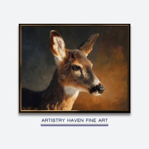 May include: A framed art print featuring a deer's profile. The artwork showcases the deer's head and neck, with a focus on its brown fur and dark eyes. The background transitions from dark to warm tones. Text at the bottom reads "ARTISTRY HAVEN FINE ART."