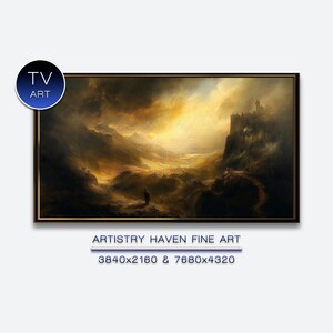Puede incluir: Pintura de paisaje enmarcada con un cielo dramático y un castillo en un acantilado. La obra presenta una figura solitaria en primer plano, con el texto "TV ART" en un círculo en la esquina superior izquierda. El texto "ARTISTRY HAVEN FINE ART" está debajo.