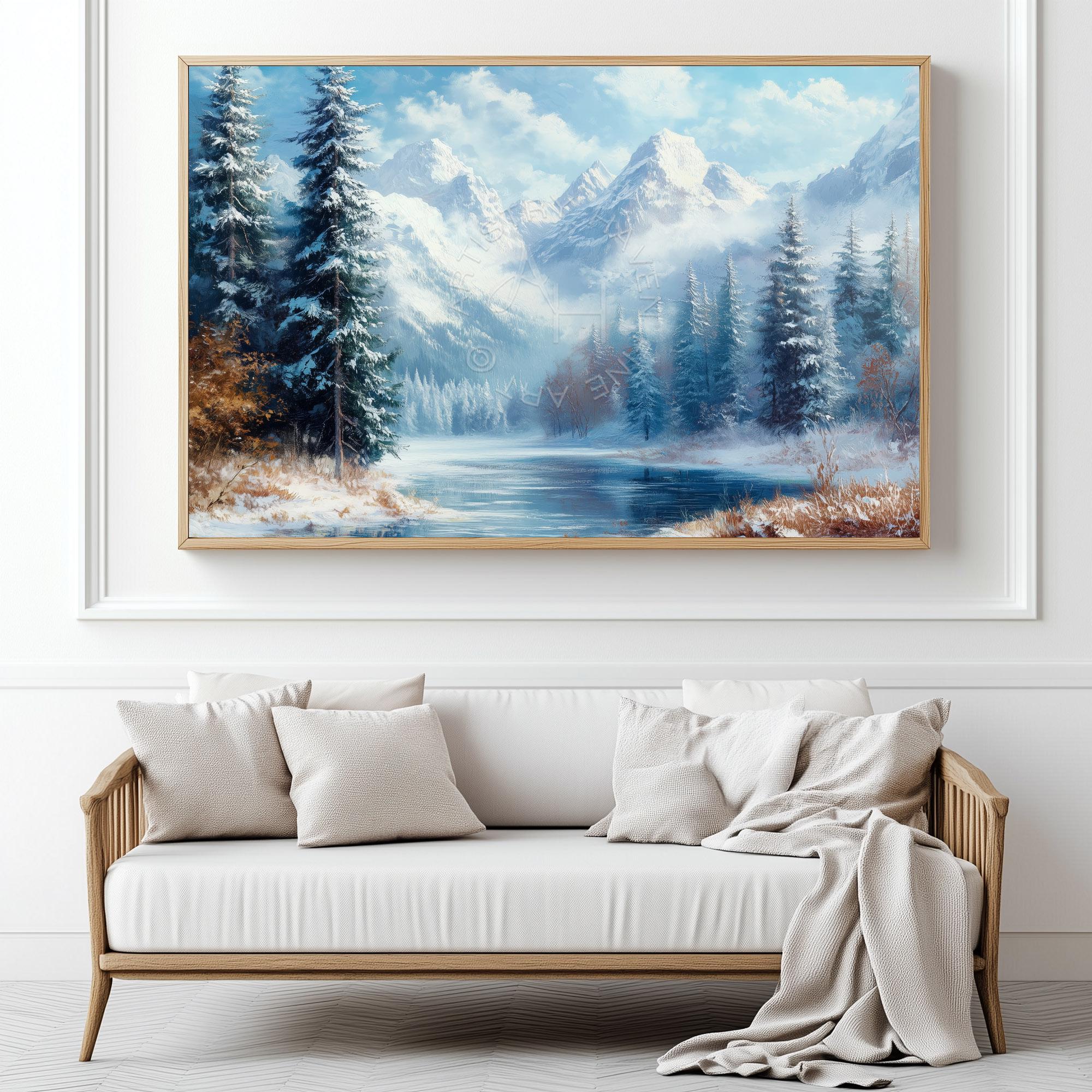 Winter Mountain Landscape Print: Snowy Alpine Lake Scene (digital