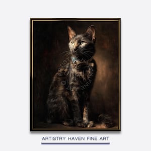Peut inclure: Portrait encadré d'un chat à la fourrure sombre, avec des nuances de noir, de marron et d'or. Le chat est assis et regarde sur le côté. L'œuvre est signée "ARTISTRY HAVEN FINE ART" en bas.