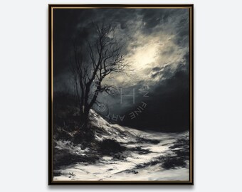 Moonlit Winter Landscape Print: Dark Snowy Night Scene (Digital Download) WP78