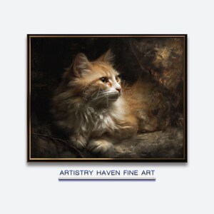 May include: A framed fine art print featuring a detailed painting of a fluffy, orange cat with white accents. The cat is lying down, with its head turned to the side. The artwork is signed "Artistry Haven Fine Art".