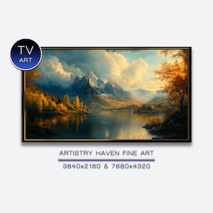 Puede incluir: Pintura de paisaje enmarcada que representa un lago y montañas. La obra utiliza azules, verdes y dorados. El texto "TV ART" y "ARTISTRY HAVEN FINE ART" son visibles. Dimensiones de la imagen: 3840x2160 & 7680x4320.