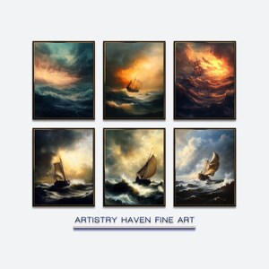 Tempest Ship Art Prints: Fiery Sunset Nautical Wall Decor (Digital Download) SGP13