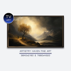 Puede incluir: Una pintura de paisaje enmarcada que presenta un árbol solitario con hojas doradas en un camino de ladera. Una figura camina hacia el árbol, con montañas y un lago en el fondo. La obra de arte está etiquetada como "TV ART" y "ARTISTRY HAVEN FINE ART".