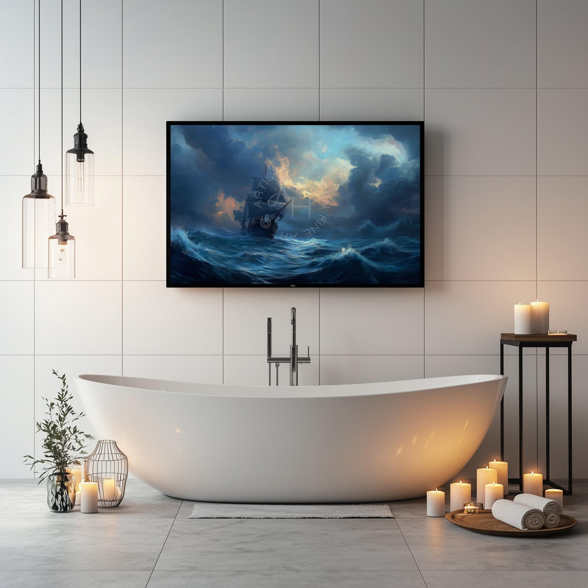 嵐の海の大型帆船アート：ドラマチックな航海画（デジタルダウンロード