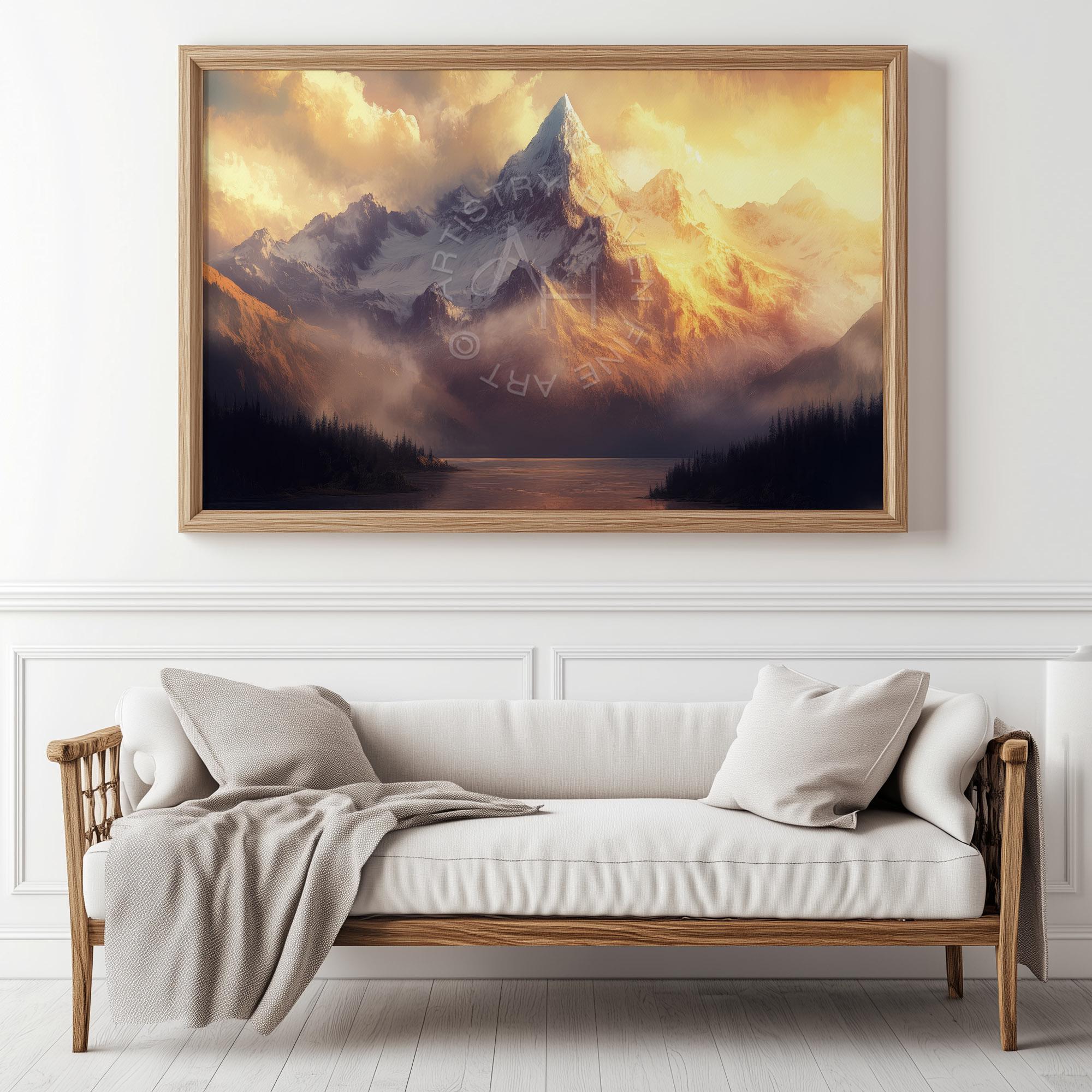 Mountain Sunset Lake Print: Golden Alpine Glow Landscape Art