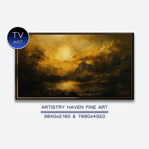 Puede incluir: Pintura de paisaje enmarcada con un brillo dorado y etéreo. La obra representa un lago sereno que refleja el cielo, con montañas y árboles en silueta. El texto "TV ART" está en un círculo azul, y "ARTISTRY HAVEN FINE ART" debajo.