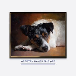 May include: A framed fine art print of a dog, featuring a Jack Russell Terrier. The dog has a black and brown head with white fur and is lying down. The artwork is signed "Artistry Haven Fine Art".