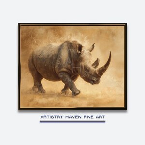 May include: A framed artwork featuring a detailed painting of a rhinoceros walking forward. The rhino is depicted in shades of gray and brown, with a prominent horn. The background is a blend of tan and brown hues, creating a dusty atmosphere. The text "ARTISTRY HAVEN FINE ART" is at the bottom.