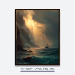 Sunlight Through Stormy Peaks Painting, Serene Sailboat Coastal Print, Moody Ocean Landscape Wall Art, Dramatic Sea Cliff Decor |SP38