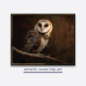 May include: A framed fine art print of a barn owl perched on a branch. The owl has a white heart-shaped face, brown and gray feathers, and dark eyes. The artwork is signed "ARTISTRY HAVEN FINE ART".